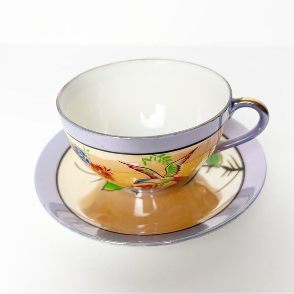 Vintage Chikaramachi Lavender & Peach Bird Floral Hand Painted Teacup Saucer Set - Picture 4 of 15
